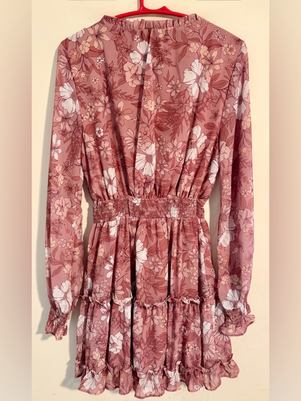Peach Love California Floral Tie-Neck Elastic Waist Dress in Dusty Rose Sz Large - Picture 11 of 16
